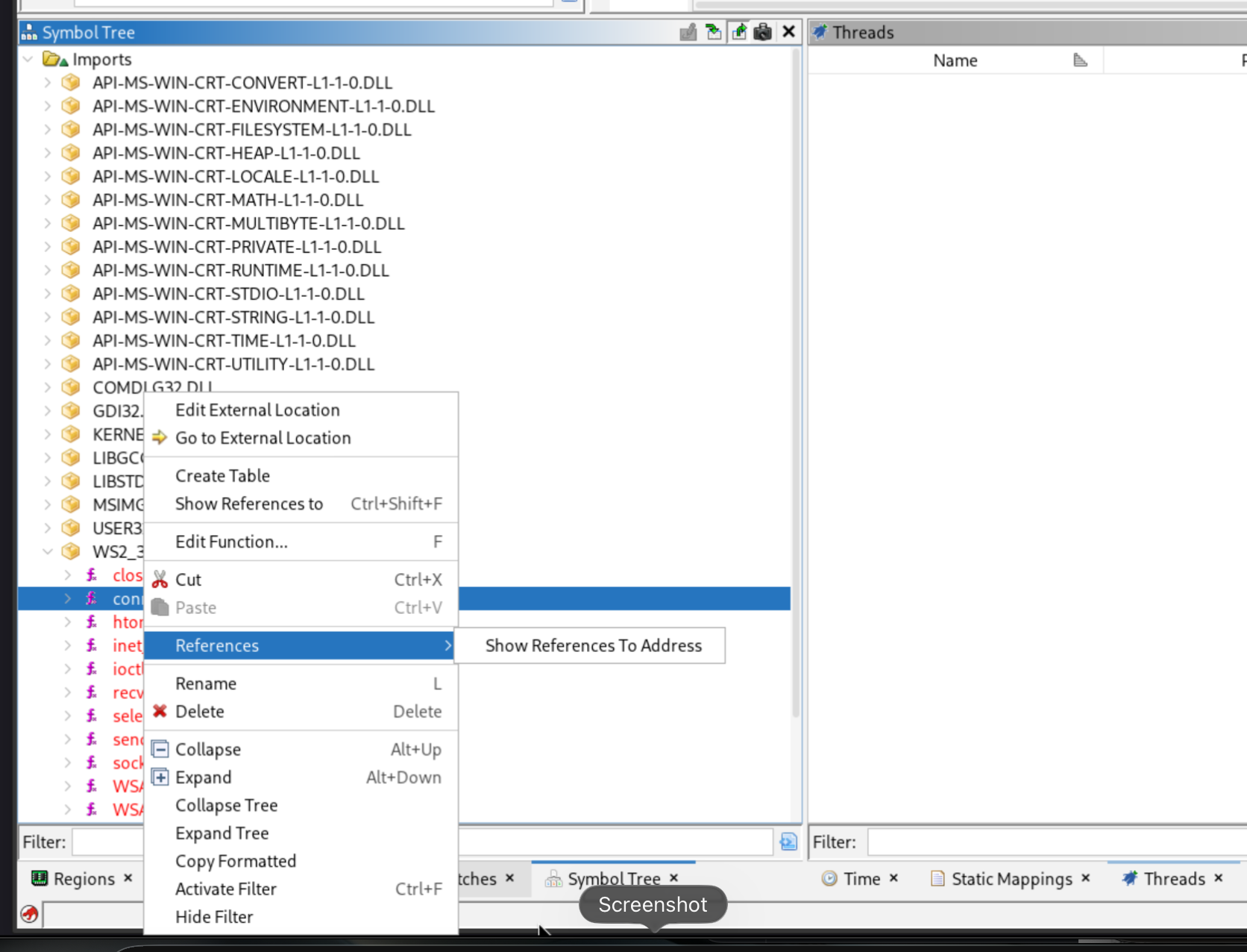 Ghidra Symbol Tree following WS2_32.DLL connect references